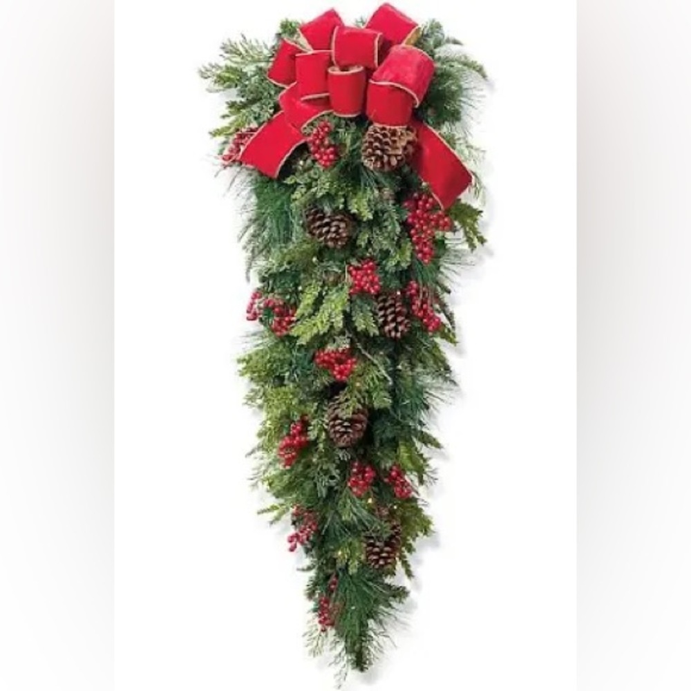 Frontgate Christmas Cheer tear drop wreath prelit clear lights.